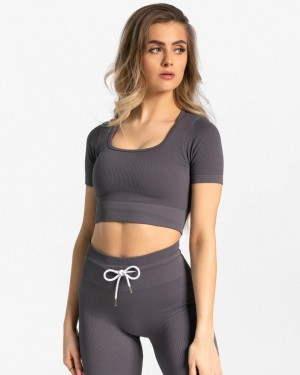 Teveo Ribbed Crop Top Gray | MGSJXR-954