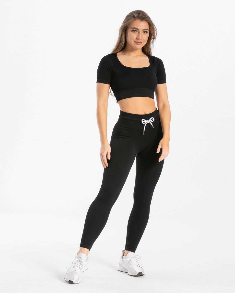Teveo Ribbed Crop Top Schwarz | LSHBMJ-342