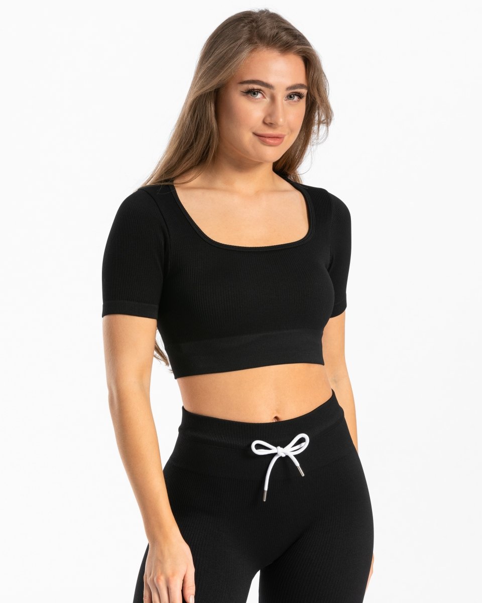 Teveo Ribbed Crop Top Schwarz | LSHBMJ-342