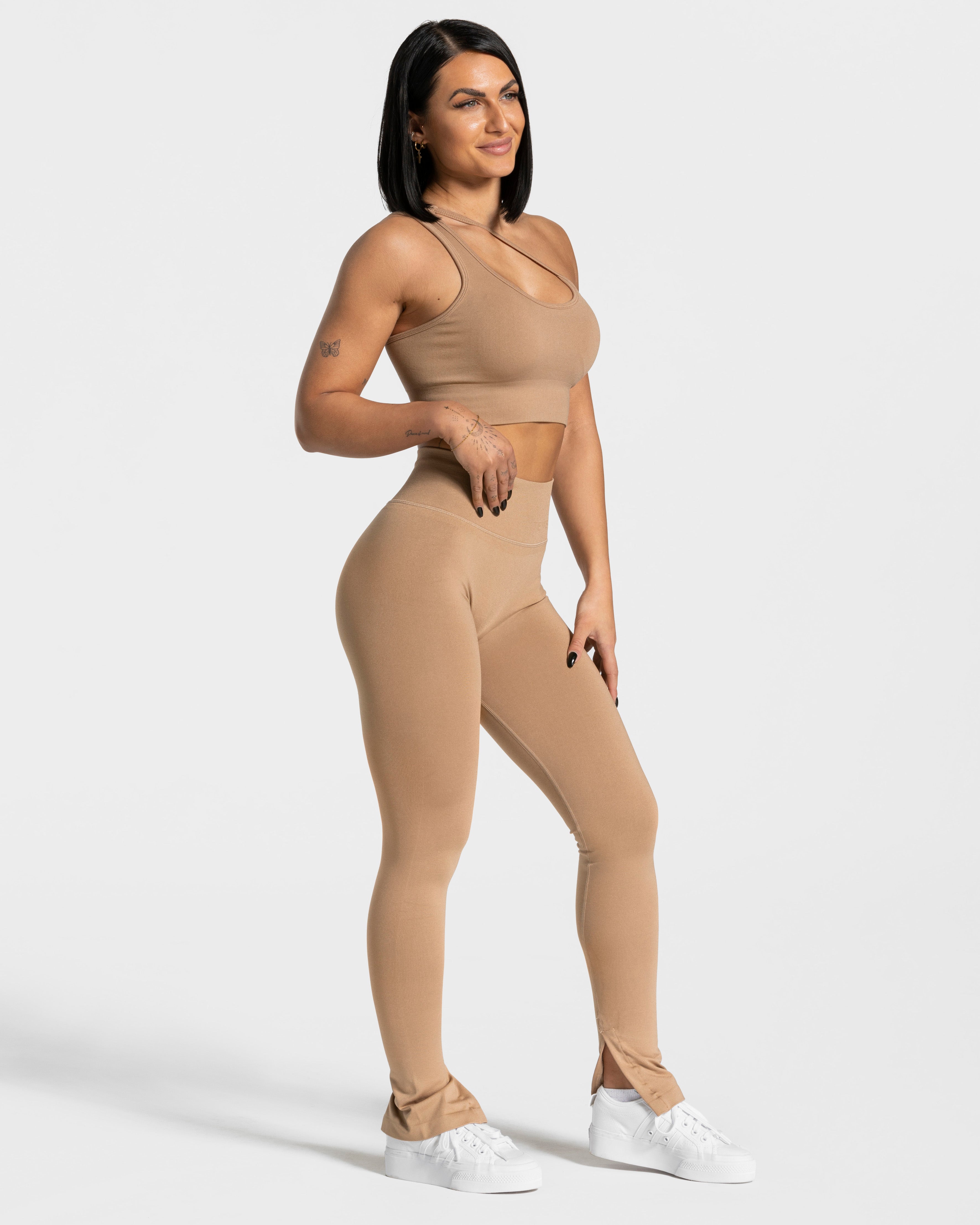 Teveo Sassy Slit Leggings Beige | KVCGTQ-054